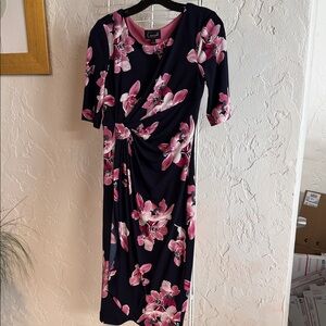 Connected Apparel Navy and Pink Floral Midi Dress